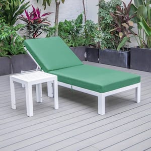 Chelsea Modern White Aluminum Outdoor Patio Chaise Lounge Chair with Side Table and Green Cushions