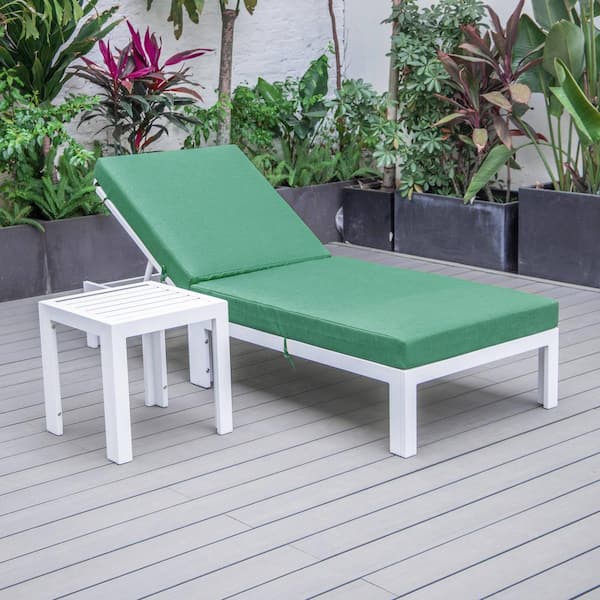Leisuremod Chelsea Modern White Aluminum Outdoor Patio Chaise Lounge Chair with Side Table and Green Cushions