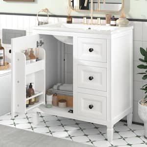 30 in. W Freestanding Bath Vanity in White with White Ceramic Basin, Three Drawers Top, and Two Door Shelves