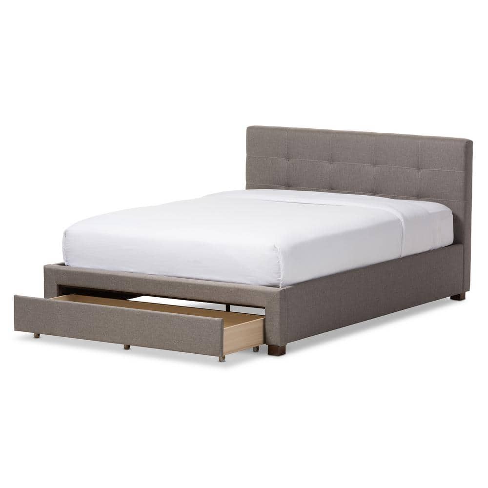 Grey Upholstered Queen Platform Bed with Storage Drawer