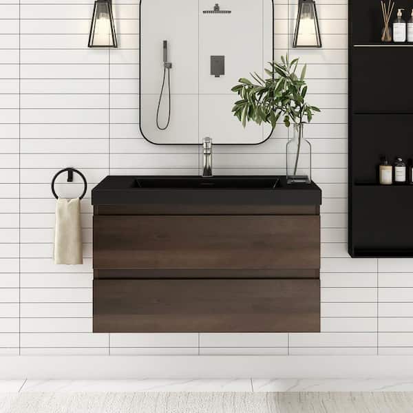 Unbranded 36 in. W x 19.5 in. D x 22.5 in. H Bathroom Vanity Side Cabinet in Grey Oak with Black Cultured Marble Top