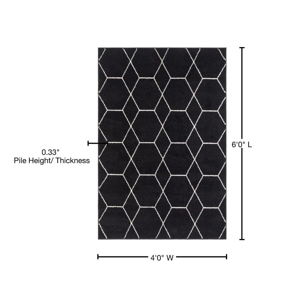 Black Ivory Trellis Synthetic 4'1" x 6'1" Easy-Care Area Rug