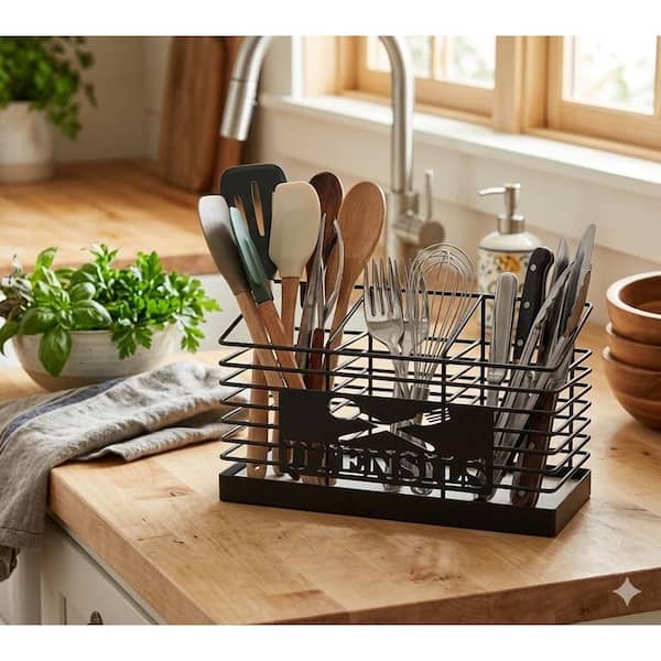 Black Metal Kitchen Utensil Holder with Fast-Drying Diatomite Base, Wall Mountable 3-Compartment Organizer