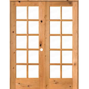 56 in. x 80 in. Knotty Alder Left-Handed 10-Lite Clear Glass Clear Stain Wood Double Prehung French Door