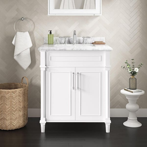 Aberdeen 30 in. Single Sink White Bath Vanity with Carrara Marble Top (Assembled)