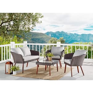 Athens Brown 4-Piece All-Weather Wicker Outdoor Conversation Set with Light Gray Cushions