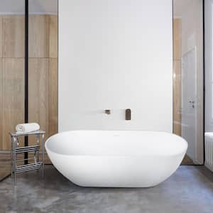 59 in. Stone Resin Solid Surface Flatbottom Non-Whirlpool Soaking Bathtub in White with Brass Drain