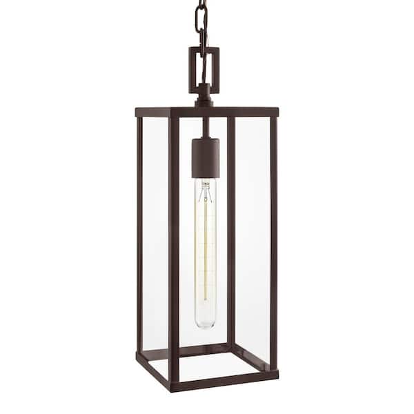 Hampton Bay Porter Hills 17.16 in. 1-Light Dark Olde Bronze Hanging Outdoor Pendant Light with Clear Glass and No Bulb Included