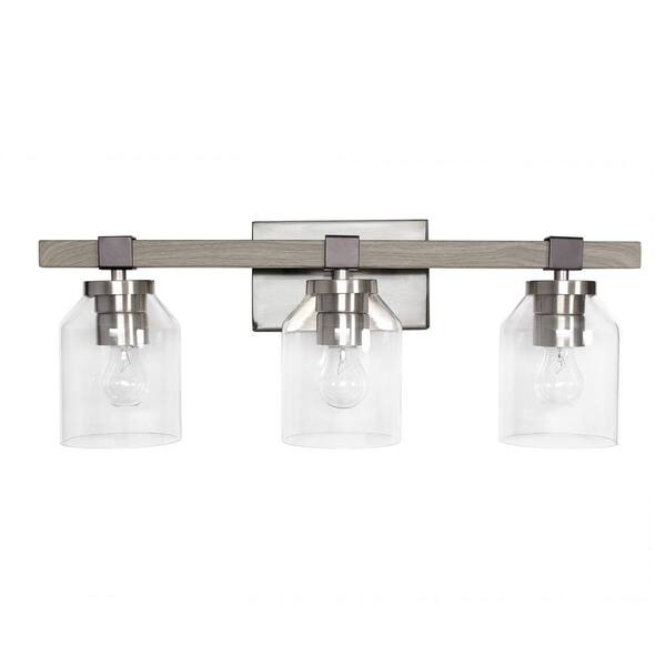 Lalia Home 22 in. Gray Rustic 3-Light Metal and Clear Glass Shade Vanity Wall Fixture with Brushed Nickel and Black Accents