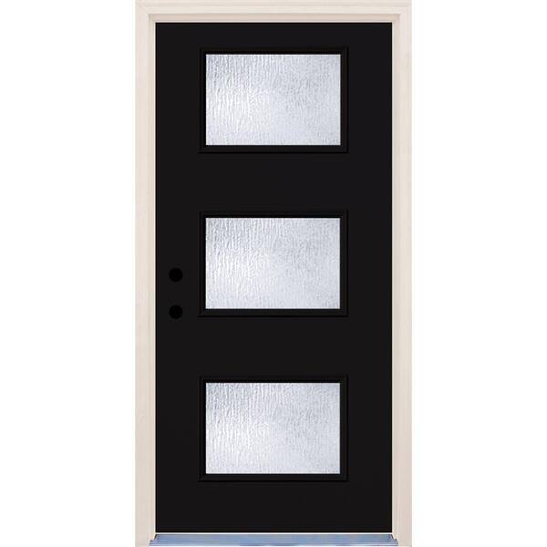 Builders Choice 36 in. x 80 in. Right-Hand Inkwell 3 Lite Rain Glass Painted Fiberglass Prehung Front Door with Brickmould