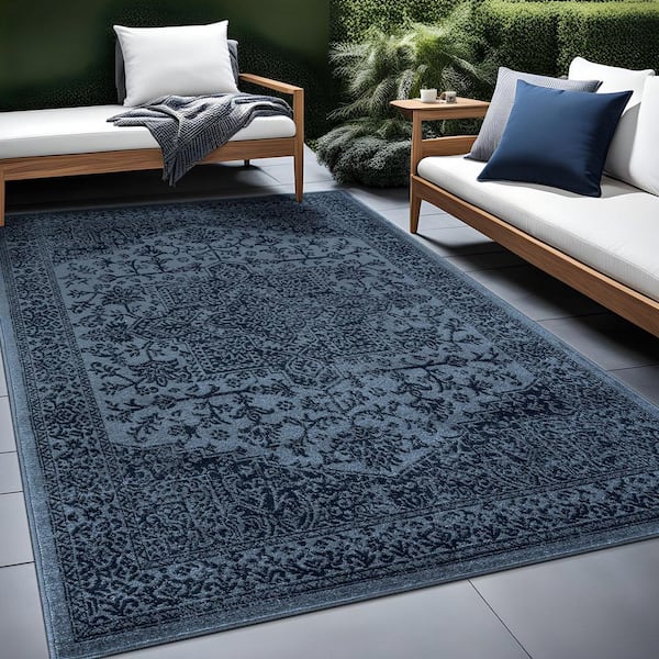 Athena Navy 9 ft. x 12 ft. Rubber Back Washable Oriental Border Indoor Outdoor Patio Area Rug
