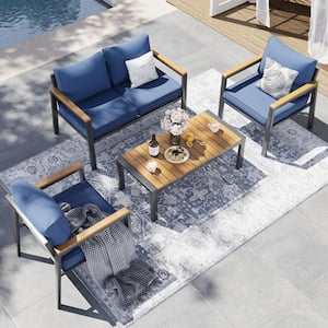 4-Piece Aluminum Patio Conversation Sectional Seating Set with Navy Cushions