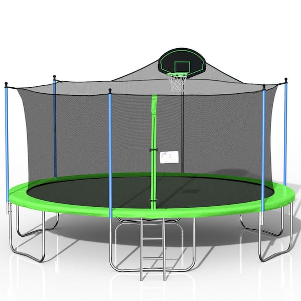 Nestfair 16 ft. Round Outdoor Recreational Trampoline with Safety Enclosure Net and Basketball Hoop