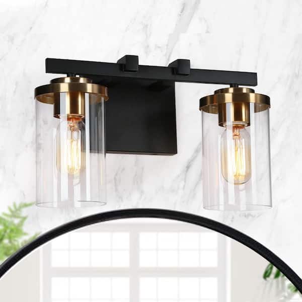 Zevni 14 in. 2-Light Black Vanity Light for Bathroom Industrial Modern Brass Gold Wall Sconce with Cylinder Clear Glass Shade