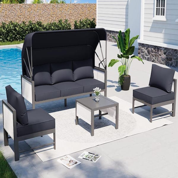 Zeus & Ruta 4-Piece Aluminum Outdoor Conversation Set with Dark Gray Cushions, Canopy and 1-Coffee Table
