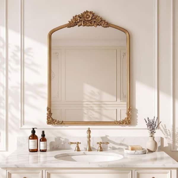 23.5 in. W x 35.5 in. H Arched Baroque Iron Framed Wall Mounted Bathroom Vanity Mirror in Antique Gold