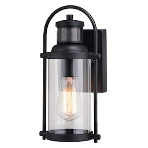 Winfield 5.75 in. 1-Light Black Motion Sensor Dusk to Dawn Outdoor Wall Lantern Clear Glass