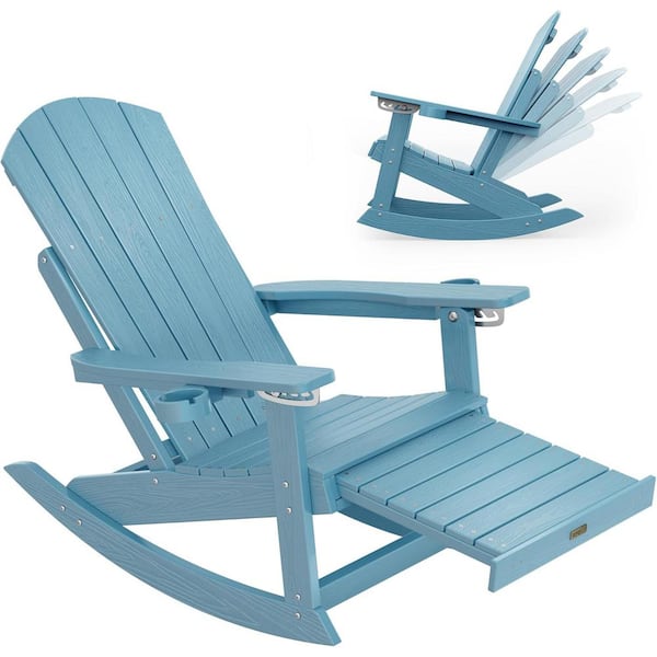 Mximu Blue Plastic Adirondack Outdoor Rocking Chair with Retractable Ottoman and Cup Holders