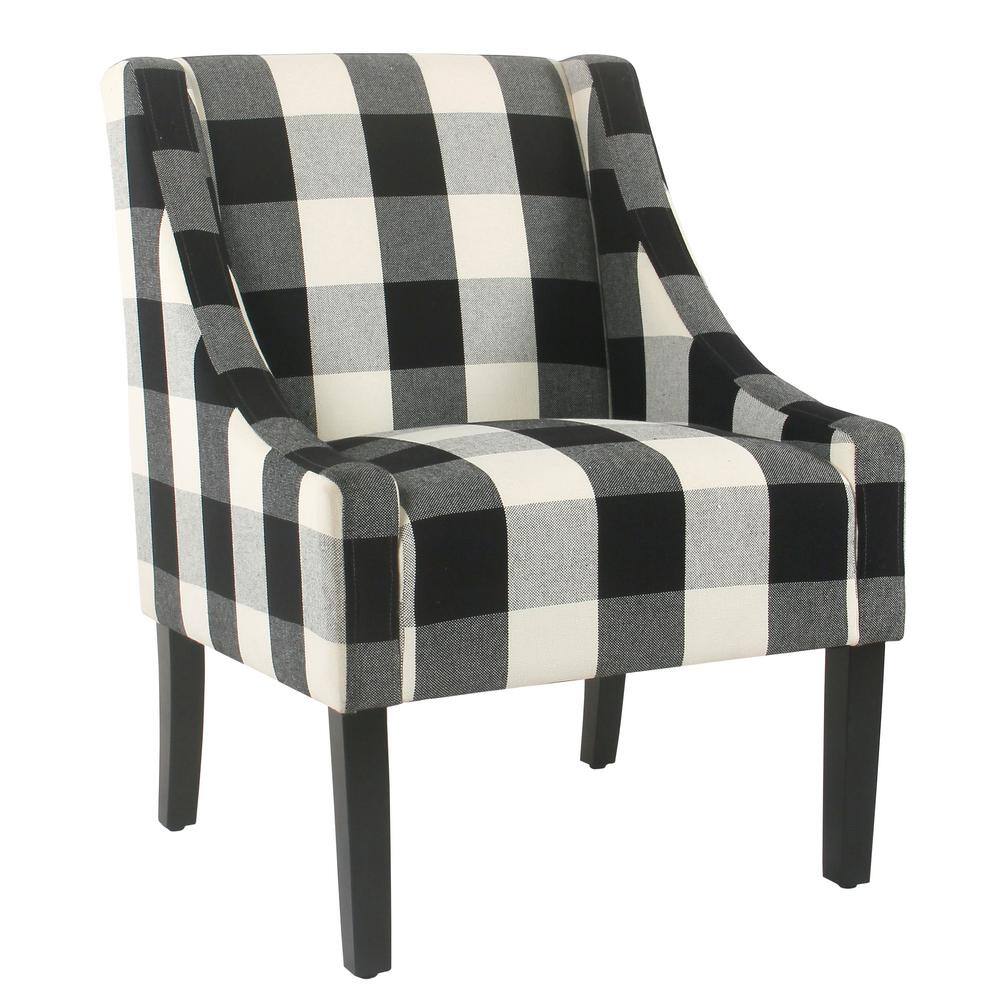 Elegant Black Plaid Wood-Legged Accent Chair
