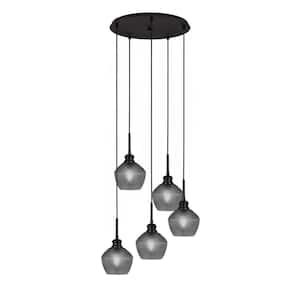 Albany 60-Watt 17.75 in. 5-Light Espresso Cord Pendant Light Smoke Textured Glass Shade No Bulbs included