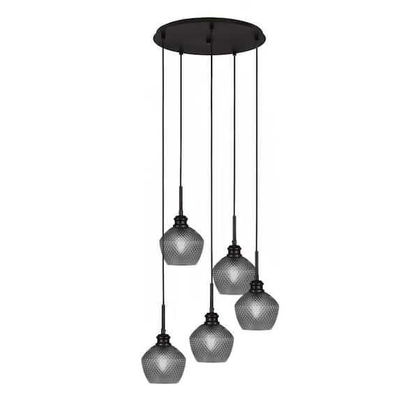 Unbranded Albany 60-Watt 17.75 in. 5-Light Espresso Cord Pendant Light Smoke Textured Glass Shade No Bulbs included