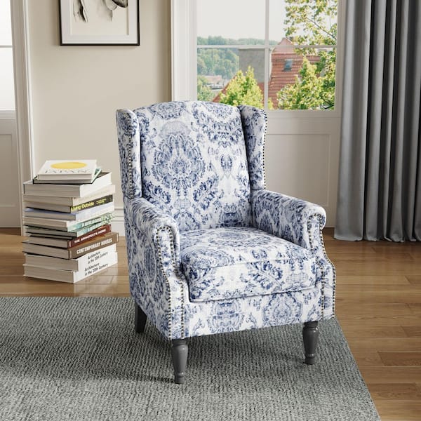 Uixe Retro Navy Blue Floral Pattern Linen Nailhead Trim