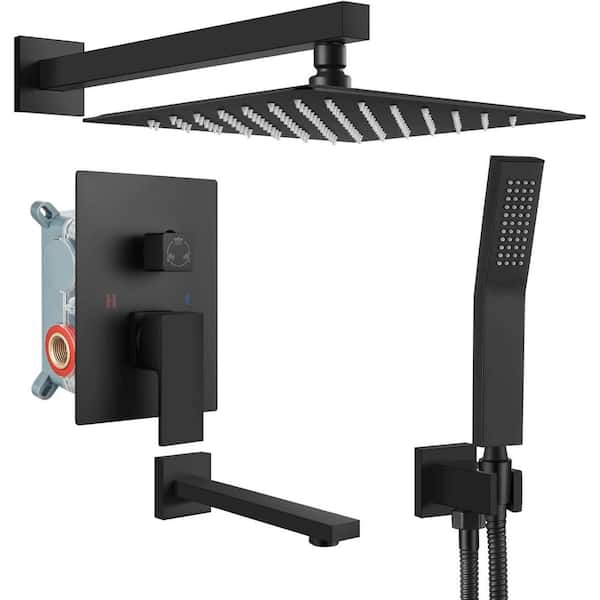 ELLO&ALLO 2-Handle 3-Spray Tub and Shower Faucet Combo Set with 10 in. Rain Shower Head in Matte Black (Valve Included)