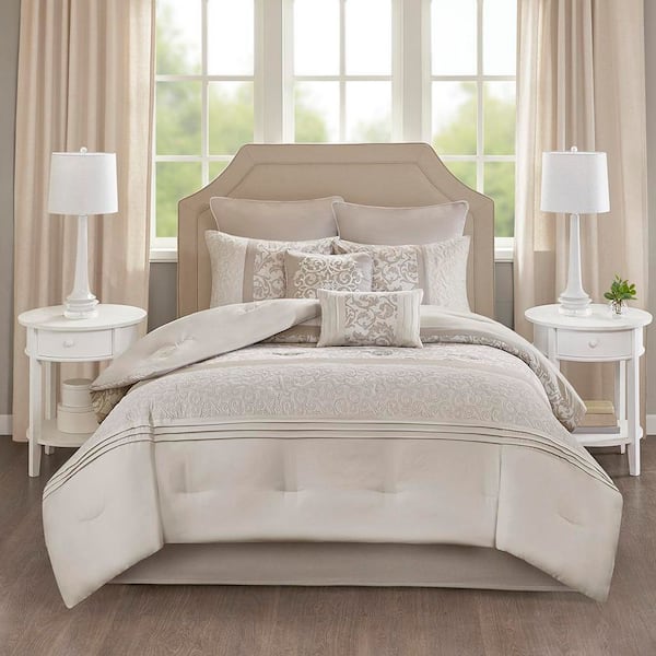 8-Piece Queen Transitional Neutral Soft Microfiber Face Comforter Set with Quilted Printed and Pintucking Polyester