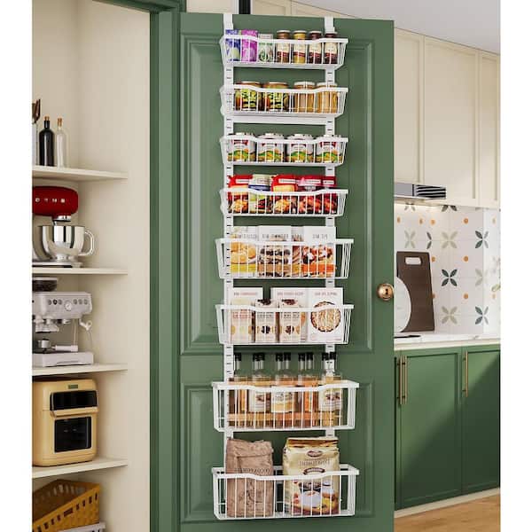 8-Tier Over Door Organizer with Adjustable Baskets Metal Hanging Pantry Storage Rack White for Kitchen