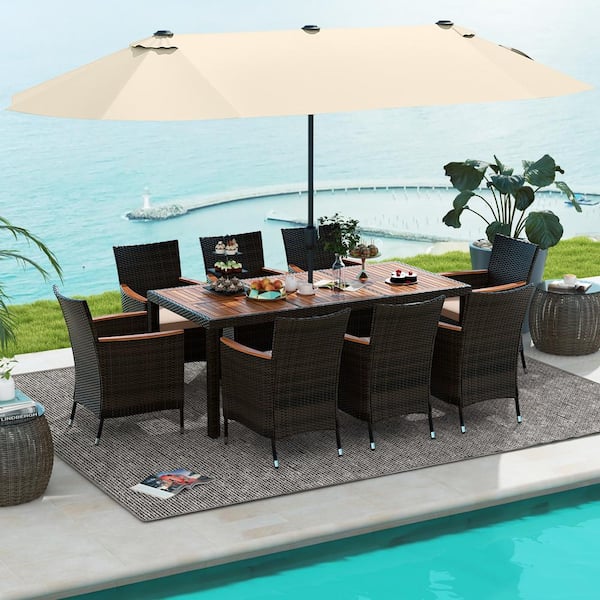 ANGELES HOME 10-Piece Acacia Wood Outdoor Dining Set with Beige 15 ft. Double-Sided Twin Patio Umbrella, Beige Cushion