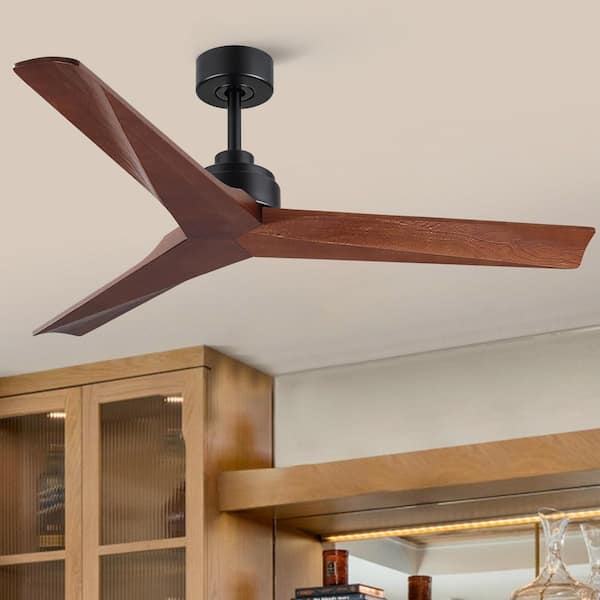 Sevenine TeakAura 52 in. Indoor Matte Black Farmhouse Ceiling Fan without Light, with Remote and Walnut Wood Blades