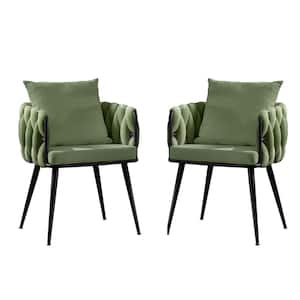 Green Velvet Accent Arm Chair Set of 2 Hand Weaving Dining Chairs Modern Upholstered Side Chair with Metal Legs & Pillow