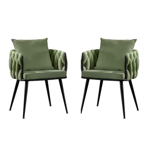 Unbranded Green Velvet Accent Arm Chair Set of 2 Hand Weaving Dining Chairs Modern Upholstered Side Chair with Metal Legs & Pillow