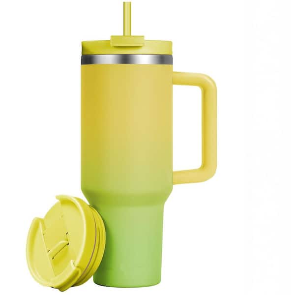 40 oz. Yellow Vacuum Insulated Stainless Steel Tumbler with Handle, Double Wall Leak Proof Lid and Straw