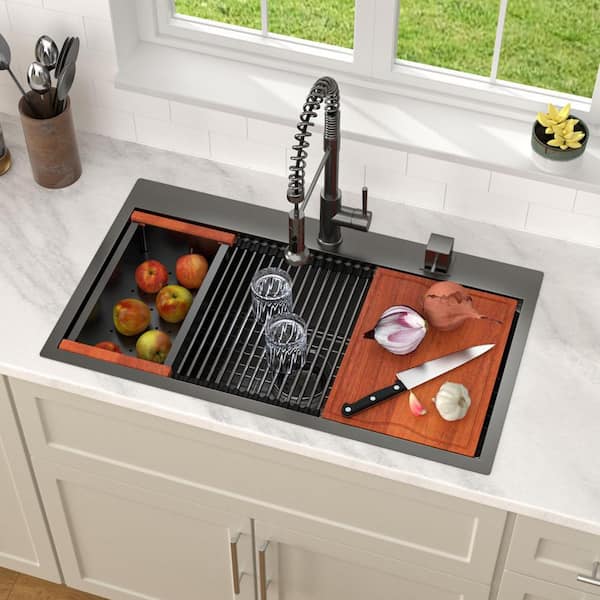 33 in. Gunmetal Black Workstation Drop-In/Topmount Kitchen Sink, 16-Gauge 304-Stainless Steel, Nano Coating, Single Bowl