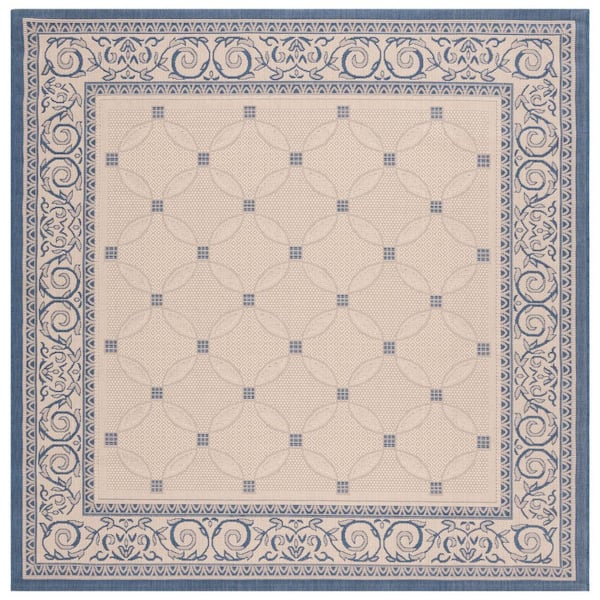 Courtyard Natural/Blue 8 ft. x 8 ft. Diamond Ornate Border Indoor/Outdoor Square Area Rug