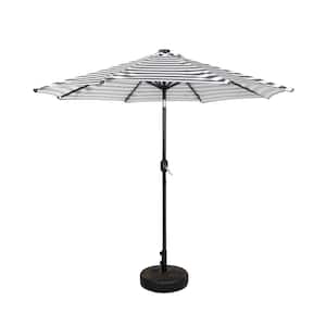Marina 9 ft. Solar LED Market Patio Umbrella with Bronze Round Free Standing Base in Gray/White Stripe