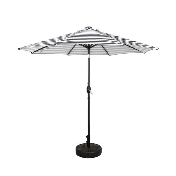 WESTIN OUTDOOR Marina Gray/White Stripe 9 ft. Market Solar Powered LED Lighted Tilt Patio Umbrella with Bronze Round Base Included