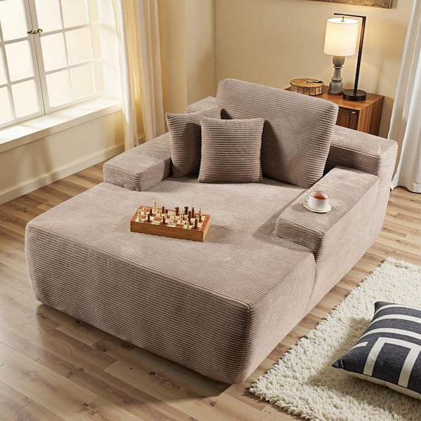 JOJO 67 in. Wide Square Arm Corduroy Modern Rectangle Lazy Sofa Chaise Lounge with Pillows in. Camel for Living Room