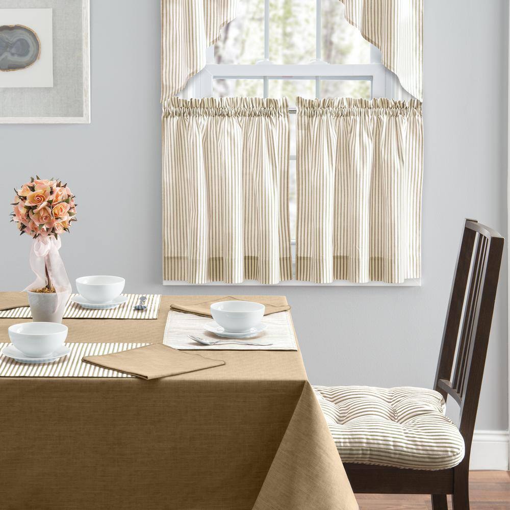 Tan Cotton Polyester Striped Rod Pocket Window Curtain