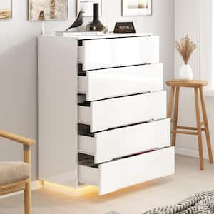 High Gloss White Wood 5-Drawer Chest of Drawers Storage Organizer With LED Lights (31.5 in. W x 42.6 in. H x 15.7 in. D)