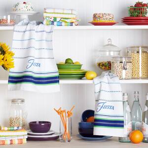 Printed Logo Blue / Green / Yellow Striped Cotton Kitchen Towel (Set of 2)