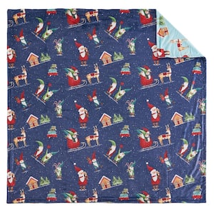 Gnome For The Holidays Navy/Teal Holiday Reversible Polyester Plush Throw Blanket