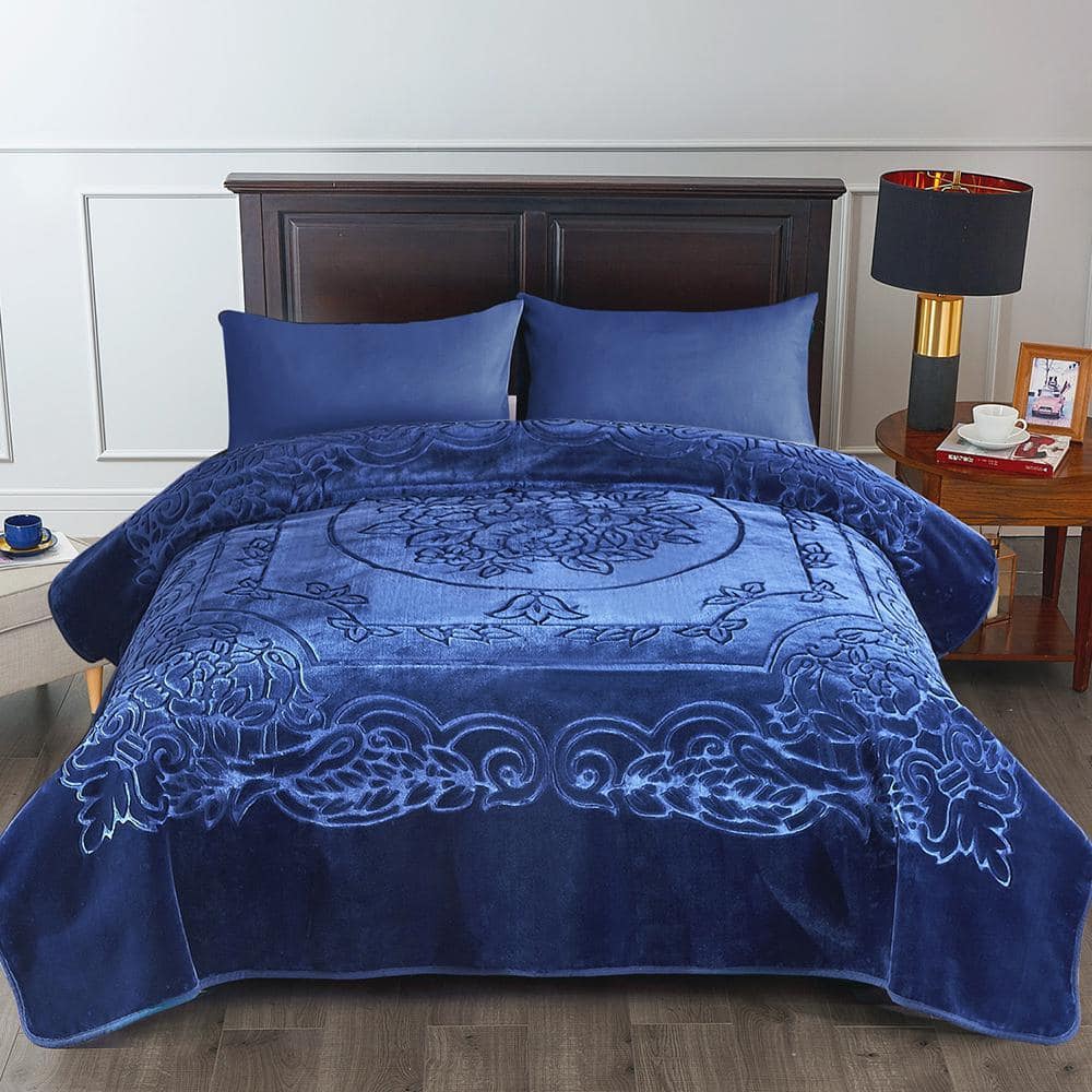 JML Navy Embossed King Mink Fleece Blanket Jasmine02-Navy - The