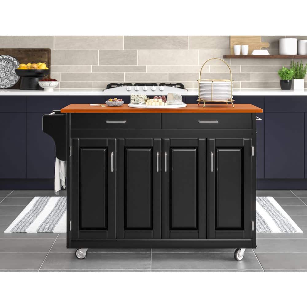 Black Wood Kitchen Cart with Oak Top and Storage