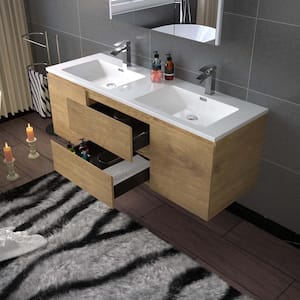 NJ 59 in. W x 19.63 in. D x 21.5 in. H Double Sink Floating Bath Vanity in Natural Oak with White Resin Top