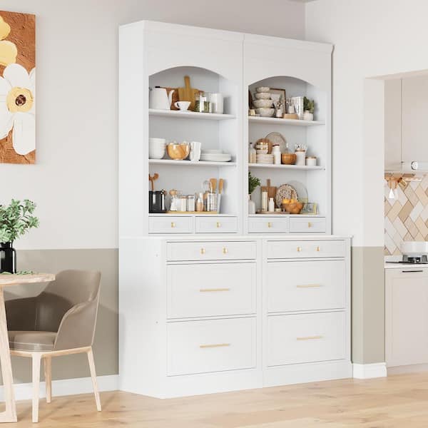 83.7 in. Wood Pantry Organizer with Faux Marble Top, 5 Storage Drawers Set of 2 in Gray