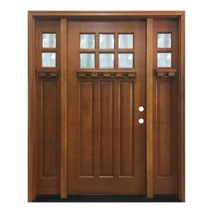64 in. x 80 in. Craftsman Bungalow 6 Lite Left-Hand Inswing Wheat Stained Wood Prehung Front Door 12 in. Sidelites