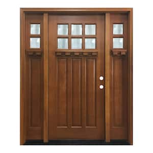 68 in. x 80 in. Craftsman Bungalow 6 Lite Left-Hand Inswing Wheat Stained Wood Prehung Front Door 14 in. Sidelites