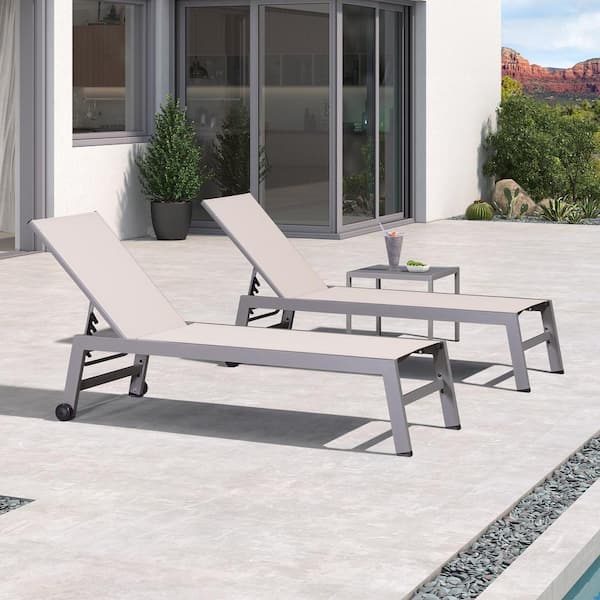 PURPLE LEAF Light Gray, 3-Pieces Aluminum Frame Outdoor Chaise Lounge Patio Lounge Chair with Side Table and Wheels, Beige